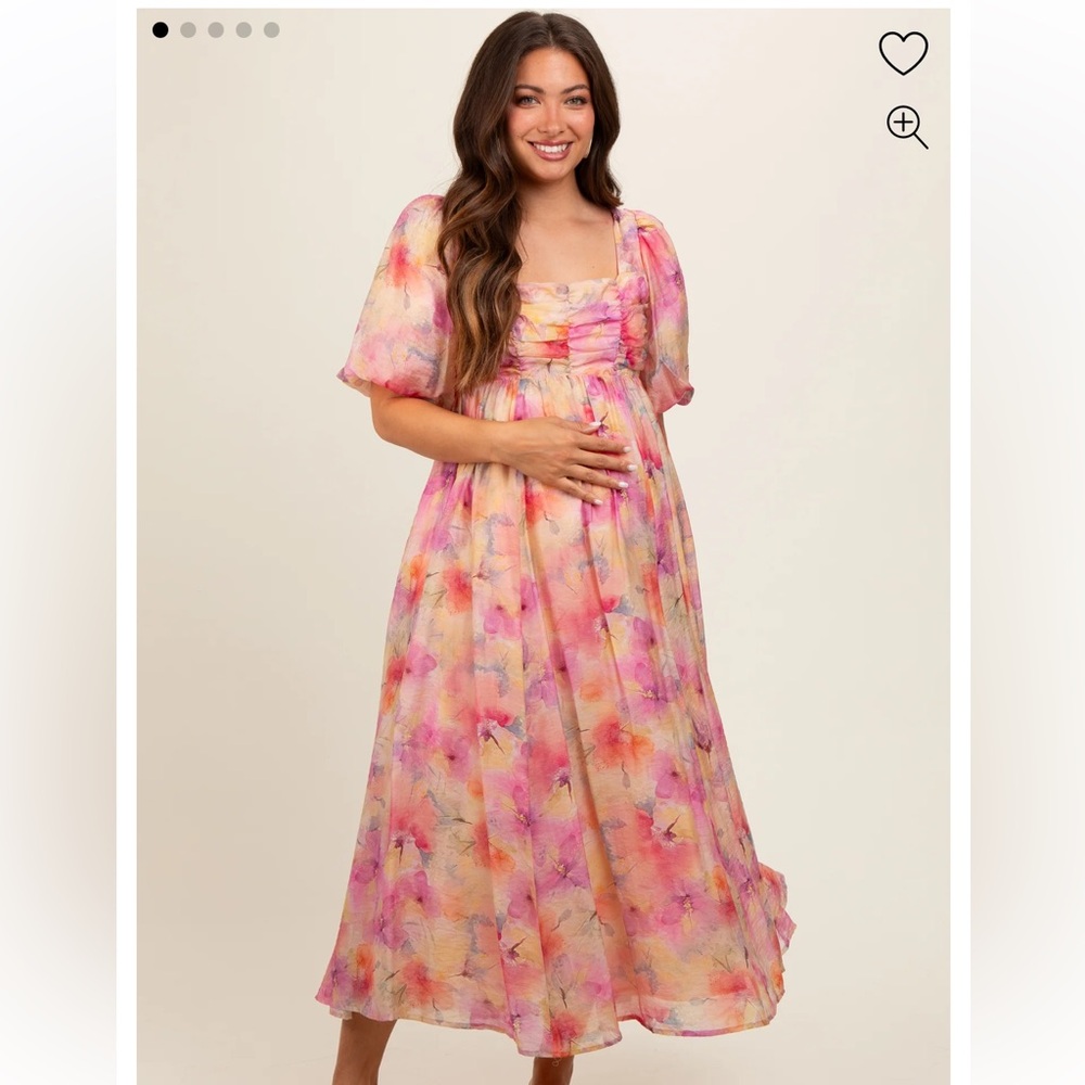 Pink Floral Square Neck Short Puff Sleeve Lace-Up Back Maternity Midi Dress